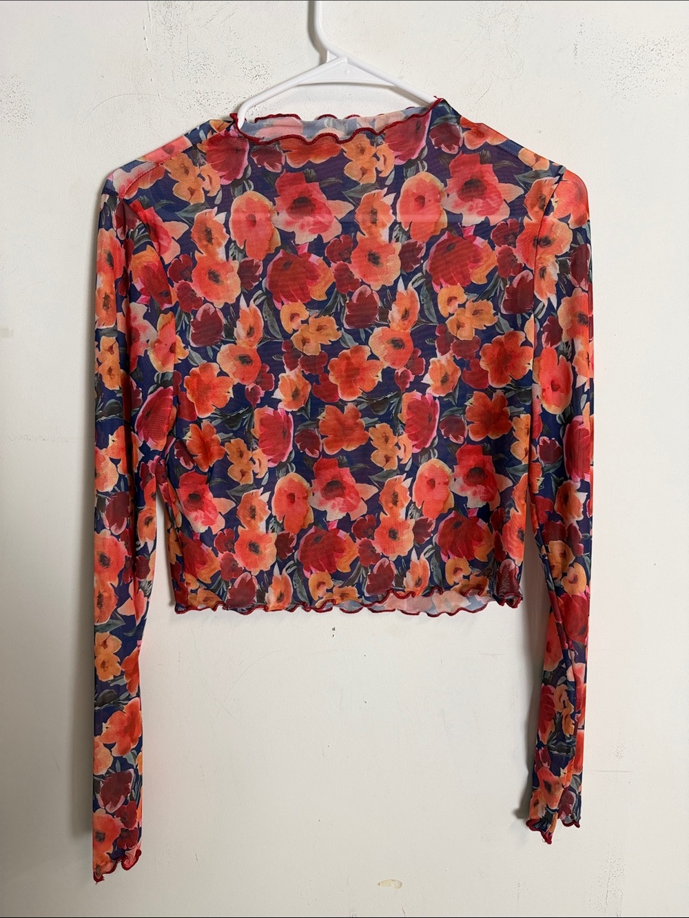 SHEIN Navy Floral Mesh Long-Sleeve Crop Top with Red & Orange Blooms